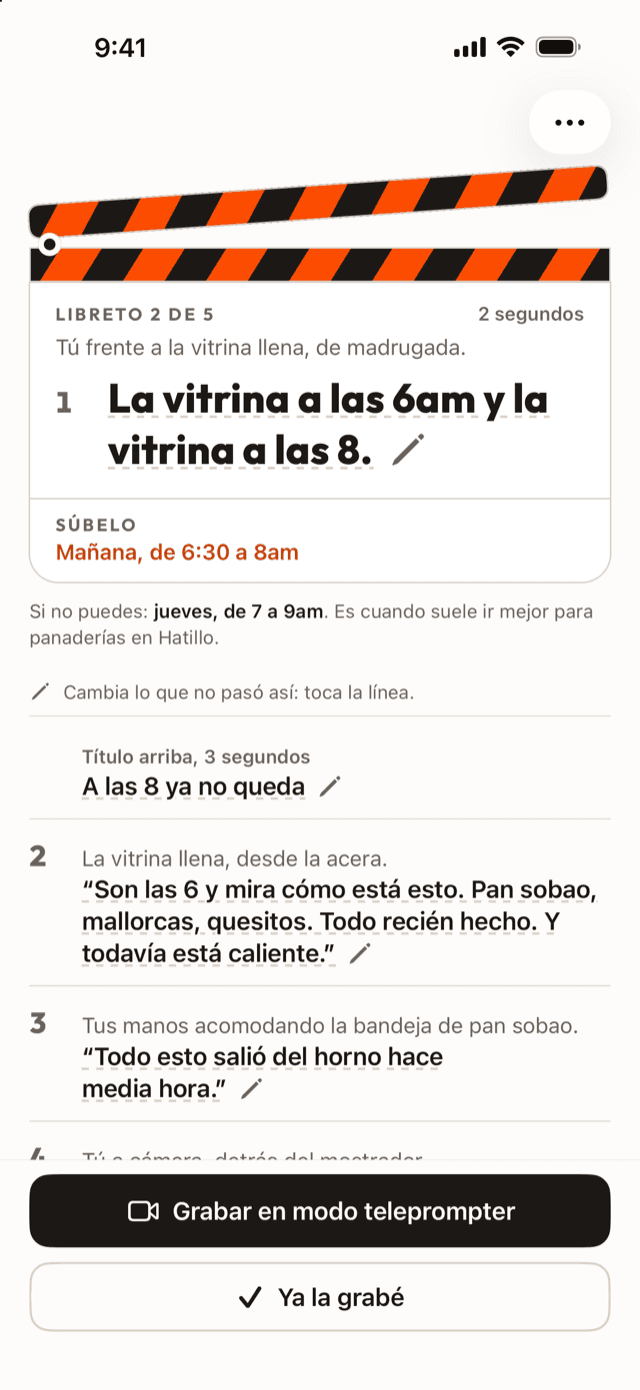 Un libreto del app: «La vitrina a las 6am y la vitrina a las 8.», con cuándo subirlo y sus tomas numeradas.