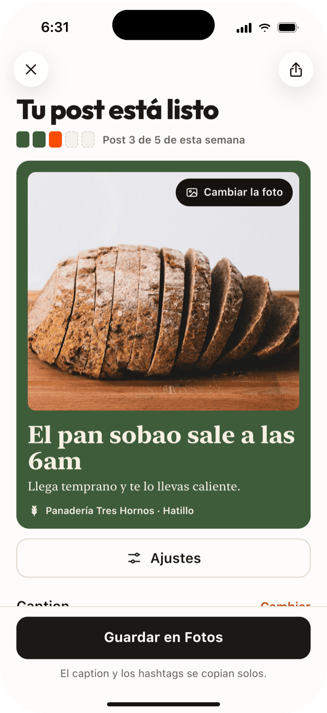 Un post hecho en el app para Panadería Tres Hornos: «El pan sobao sale a las 6am», listo para guardar en Fotos.